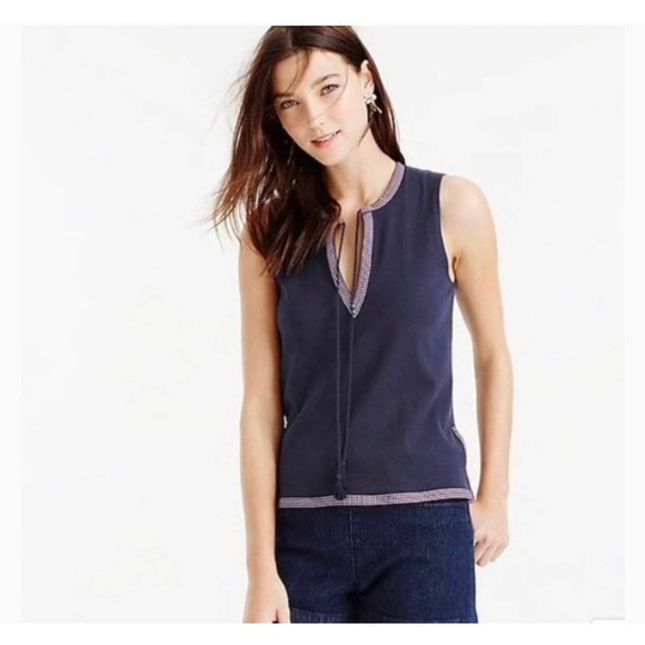 J. Crew Cotton Navy Multicolored Trim Sleeveless Tie Neck Top Size Medium NEW - Picture 1 of 9